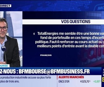 Replay BFM Bourse - Culture Bourse : TotalEnergies semble être une bonne valeur de fond de portefeuille. Faut-il renforcer au cours actuel ou y a-t-il de meilleurs points d'entrée avant la double cotation aux États-Unis et à Paris ? , par Julie Cohen-Heurton - 0